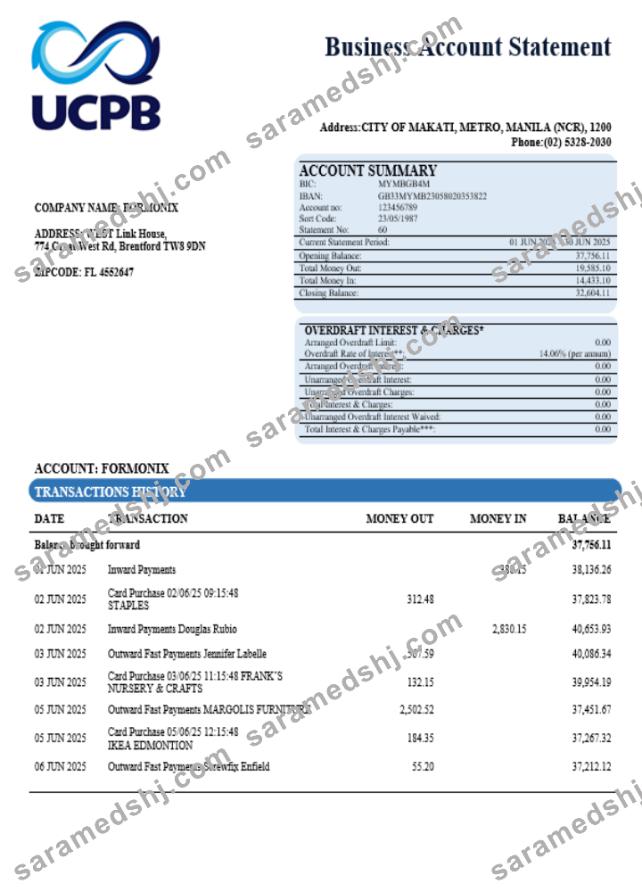 UCPB bank company statement Word and PDF format